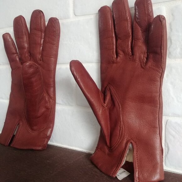 Vintage made in Italy lambskin leather rabbit fur lining brown warm gloves 7 1/2 - Picture 3 of 12